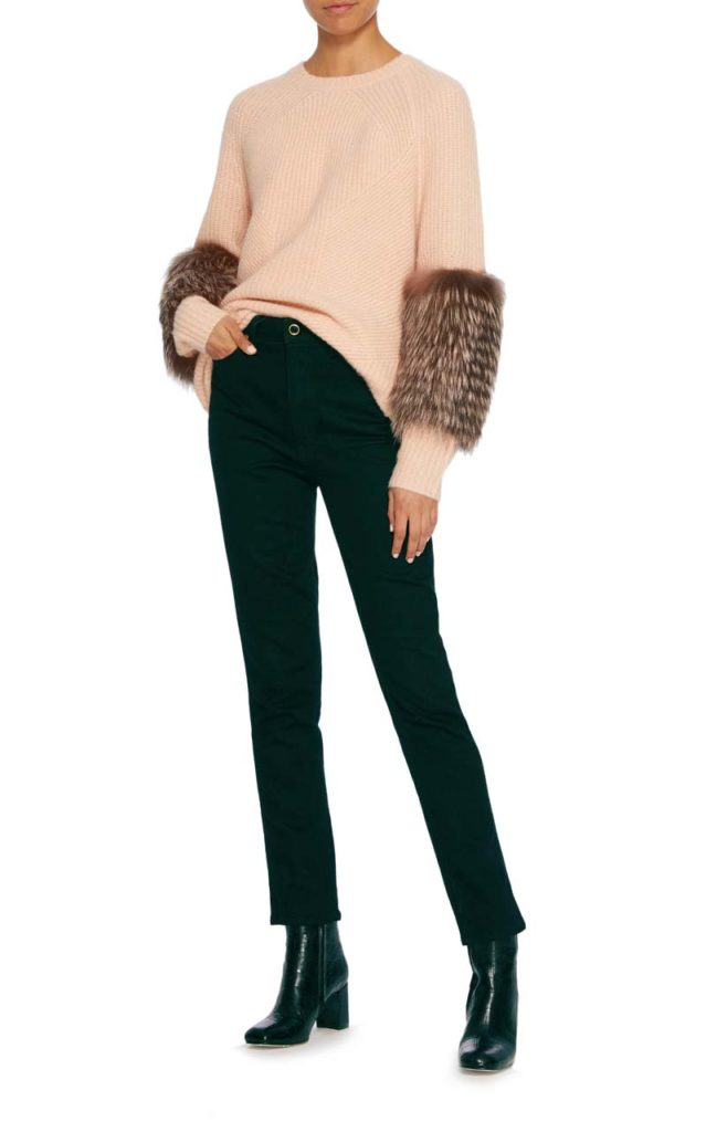 Sally LaPointe Rib Knit Fur Sleeve Pullover2