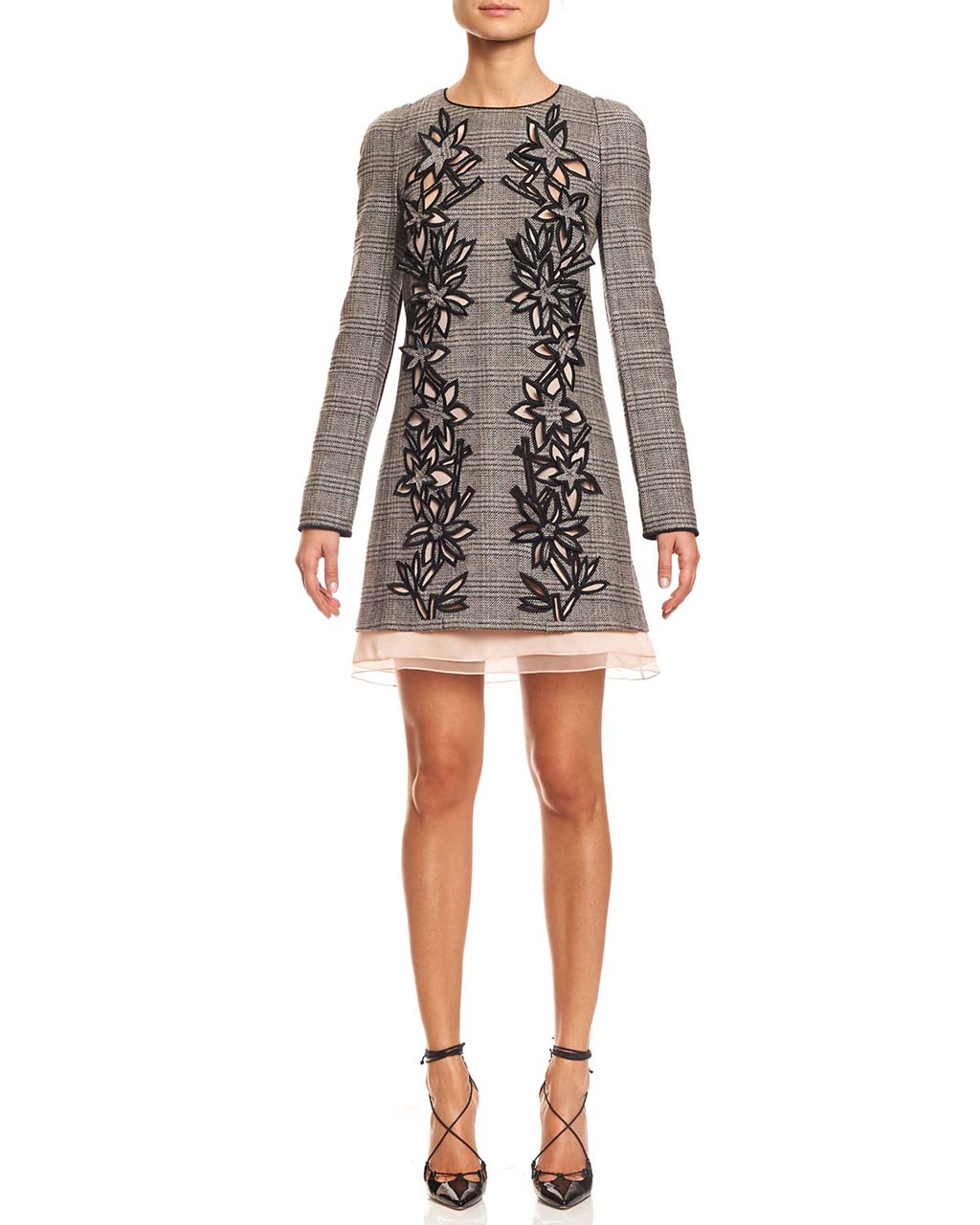 Carolina Herrera Long-Sleeve Plaid Dress w_3D Appliques