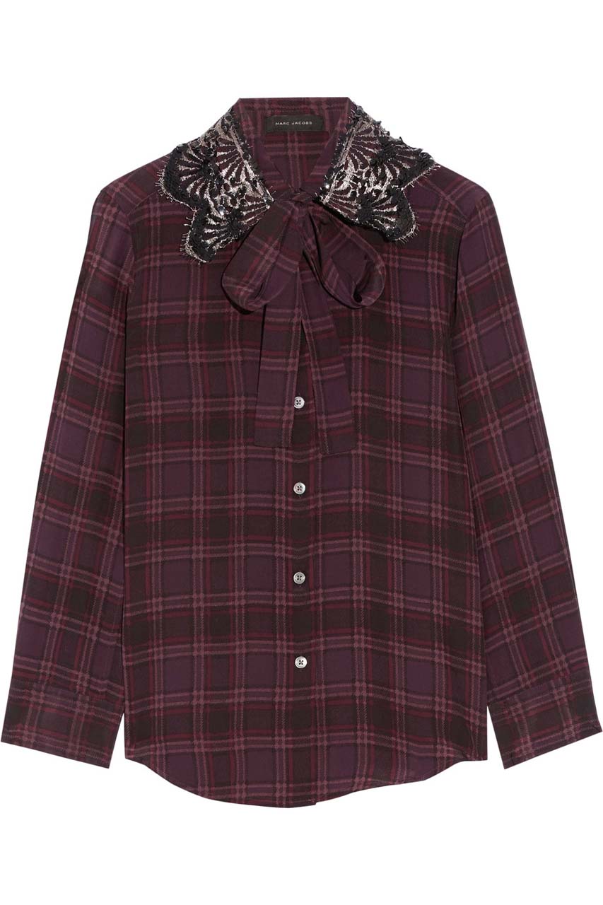 Marc Jacobs Pussy-Bow Embellished Checked Silk Blouse