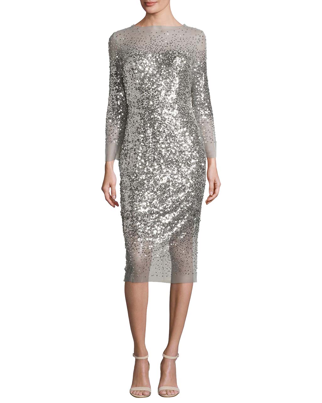 Monique Lhuillier Sequinned 3_4-Sleeve Illusion Midi Dress, Silver_1