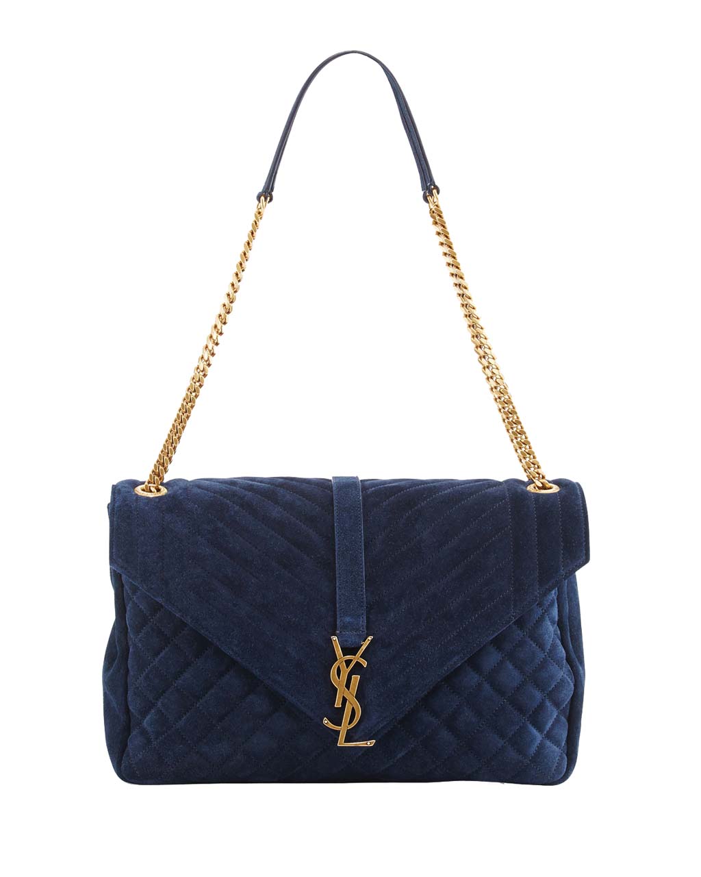 Saint Laurent Monogram Large Mixed-Matelassé Suede Envelope Satchel Bag, Navy_1