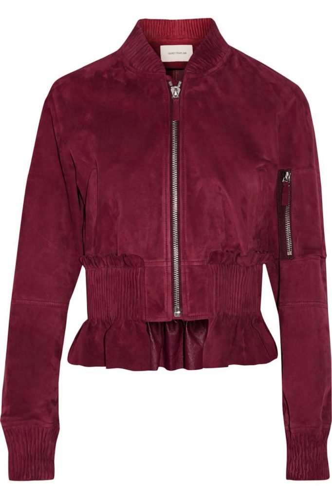 Cédric Charlier Cropped Ruffled Suede Bomber Jacket