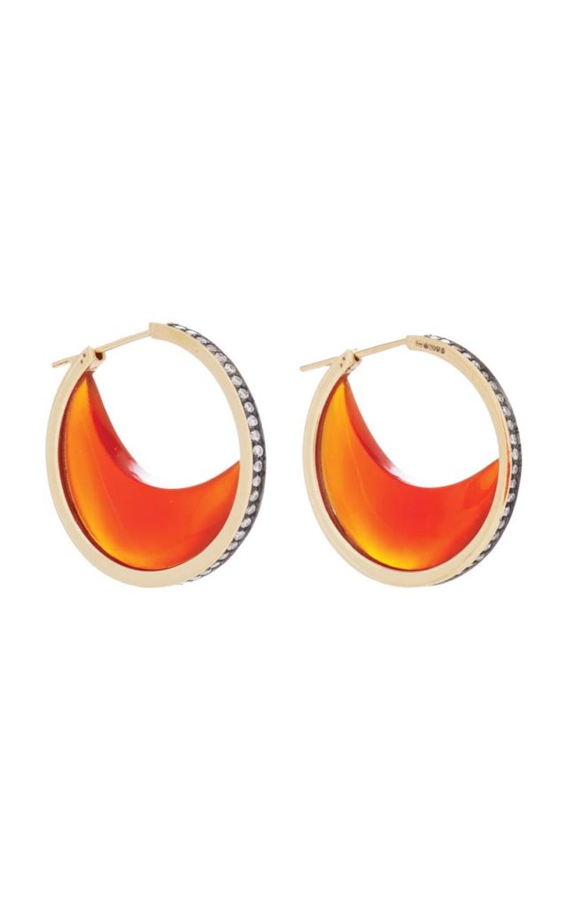 Noor Fares Chandra Crescent Earrings in Yellow Gold with Carnelian Crescents & Diamonds_1