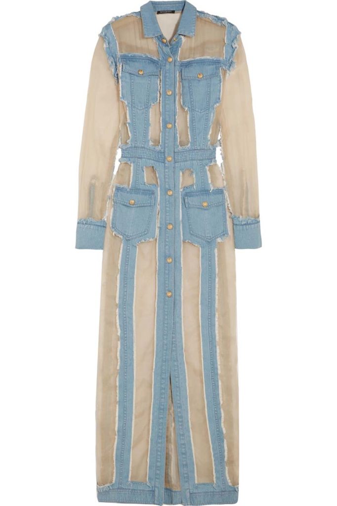 Balmain Frayed Denim and Organza Maxi Dress