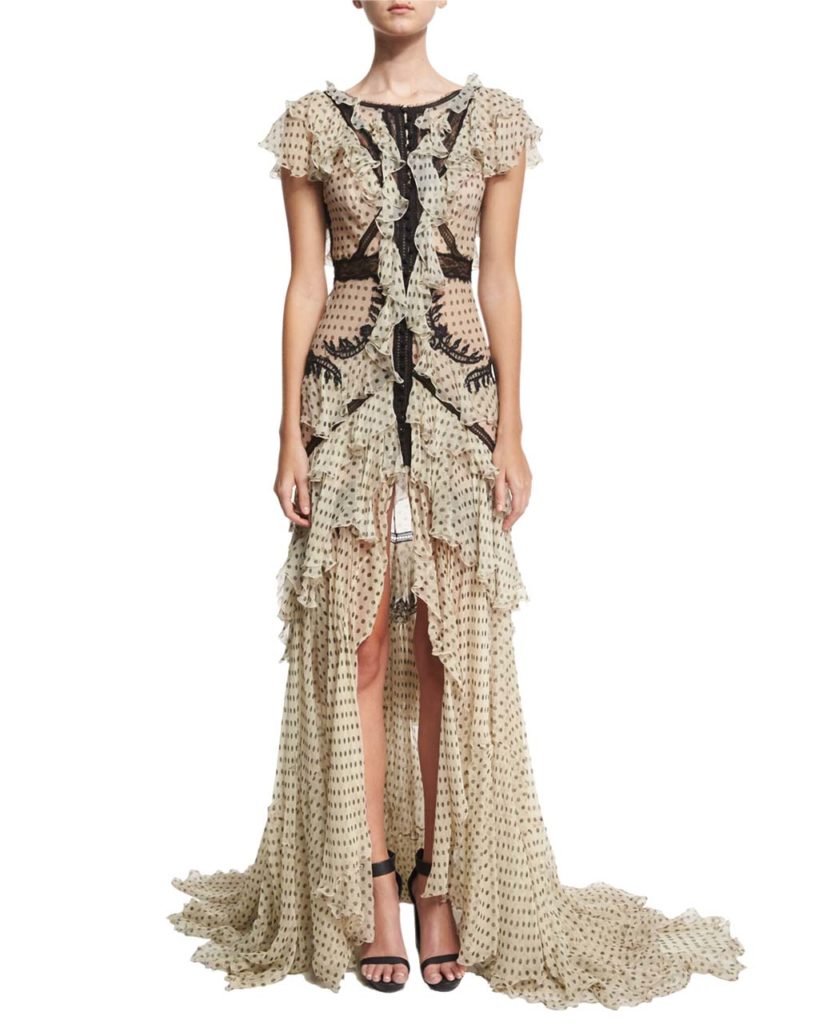 Roberto Cavalli Ruffled Polka-Dot Lace-Inset Gown_1