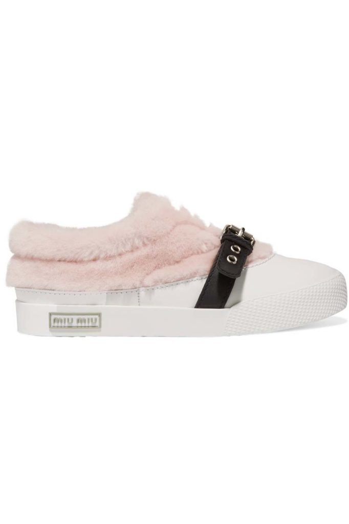 Miu Miu Buckled Shearling and Leather Sneakers