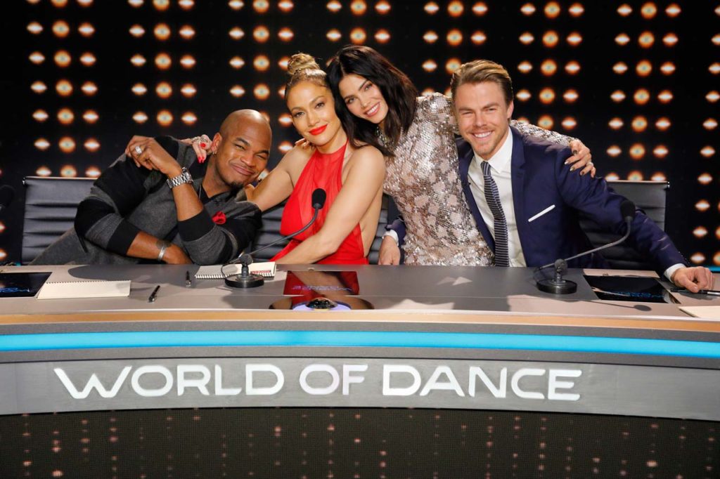 (l-r) Ne-Yo, Jennifer Lopez, Jenna Dewan Tatum and Derek Hough of WORLD OF DANCE. ©NBCUniversal. CR: Trae Patton/NBC.