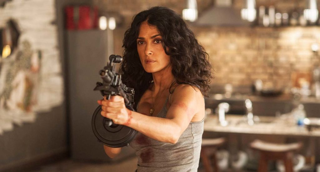 This photo released by courtesy of Radius-TWC shows Salma Hayek in a scene from the film, "Everly." (AP Photo/Radius-TWC)