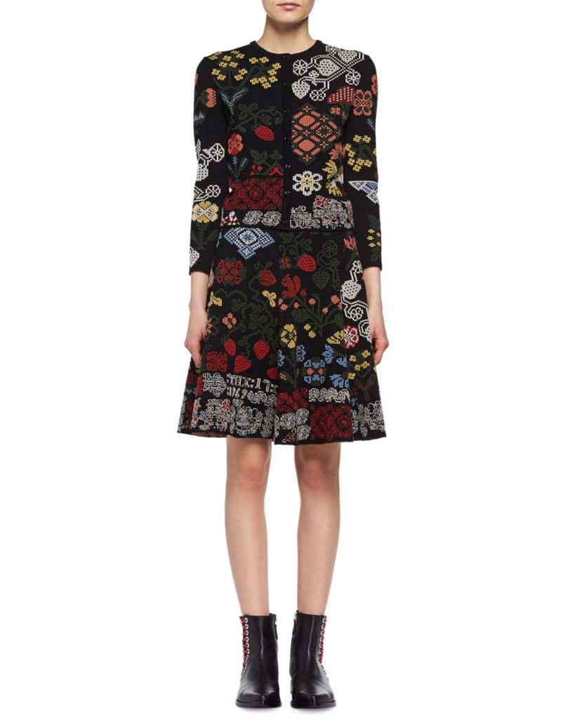 Alexander McQueen Metallic-Needlepoint Peplum Cardigan & Skirt