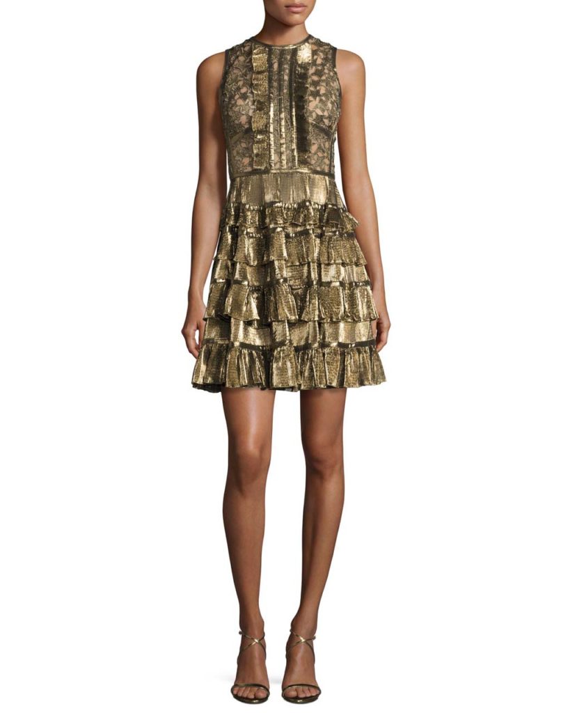 Elie Saab Sleeveless Metallic Star-Lace Ruffled Dress