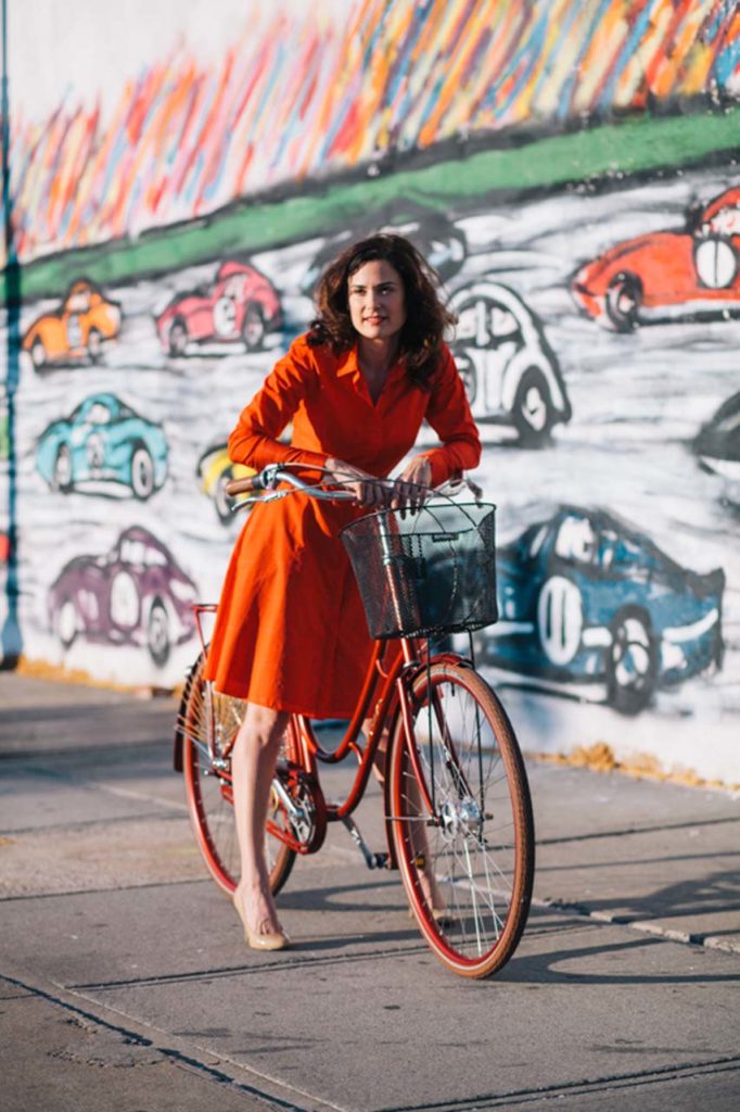 Sarah Canner rides a Viva Juliette 7-speed bicycle photographed at Clarkson St. and West Side Highway, Manhattan en route to  Vespertine's new office