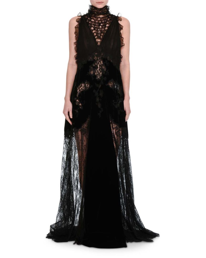 Valentino Lace & Chiffon Mock-Neck Gown with Velvet Trim