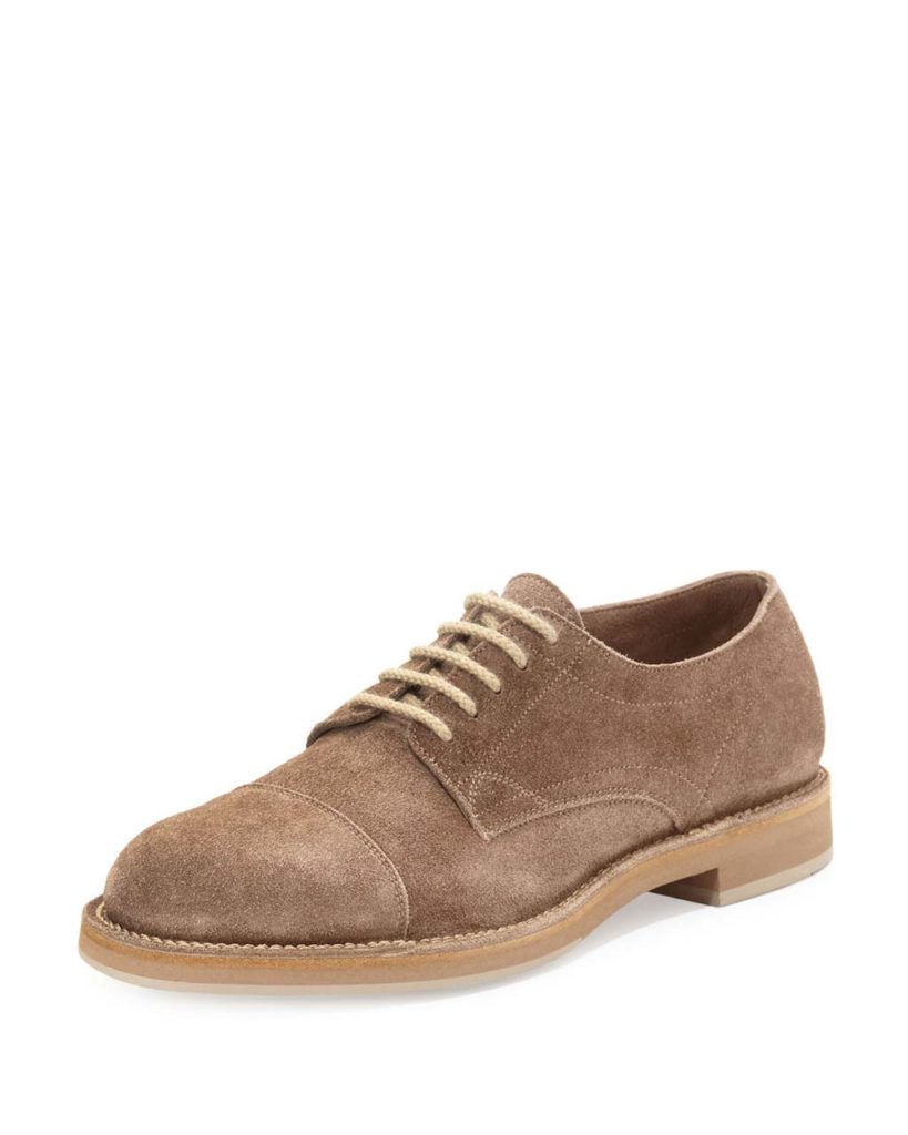 Brunello Cucinelli Cap-Toe Suede Lace-Up Shoe, Mushroom