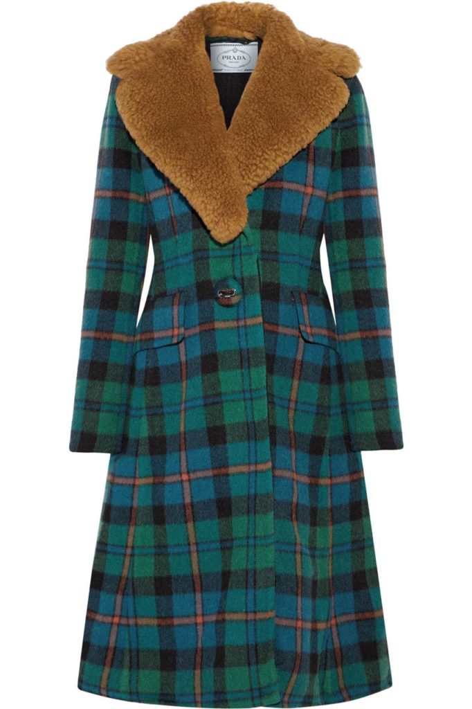 Prada Shearling-Trimmed Tartan Wool and Alpaca-Blend Coat