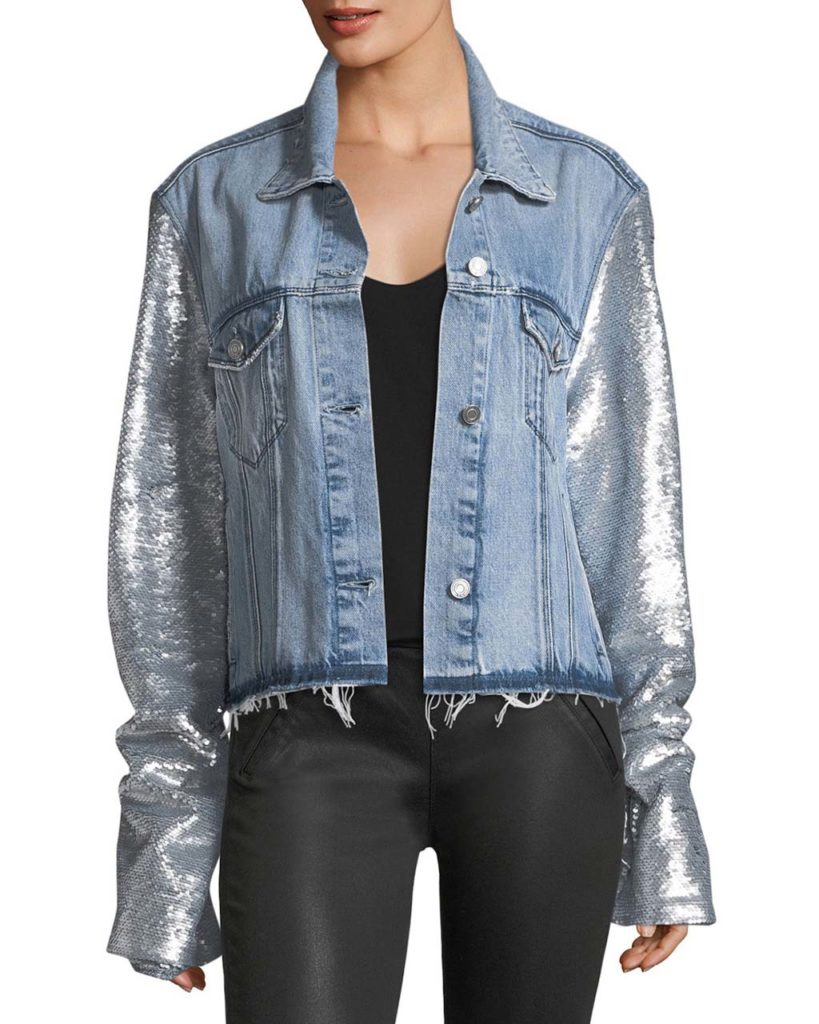 RtA Haylee Button-Front Denim Jacket w_ Sequin Sleeves