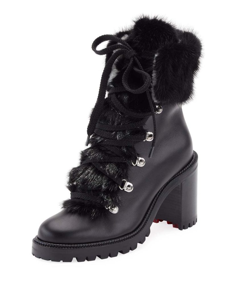 Christian Louboutin Fanny Leather Fur-Trim Red Sole Combat Boot