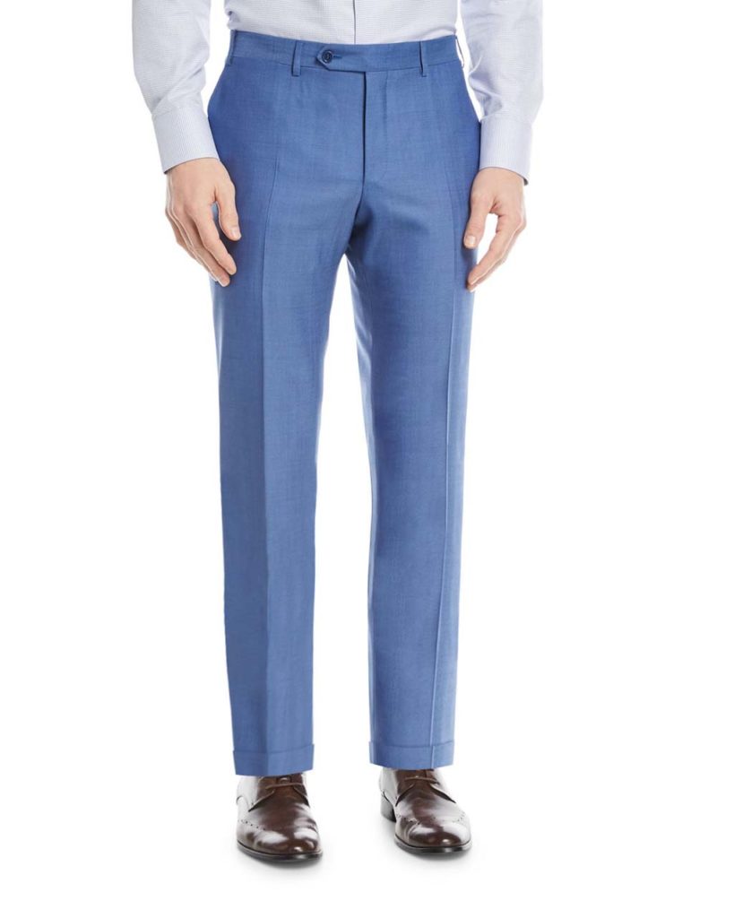 Canali Melange Wool Flat-Front Pants, Blue