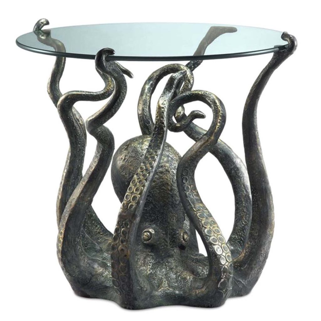 Cast-Aluminum Octopus Glass-Top End Table