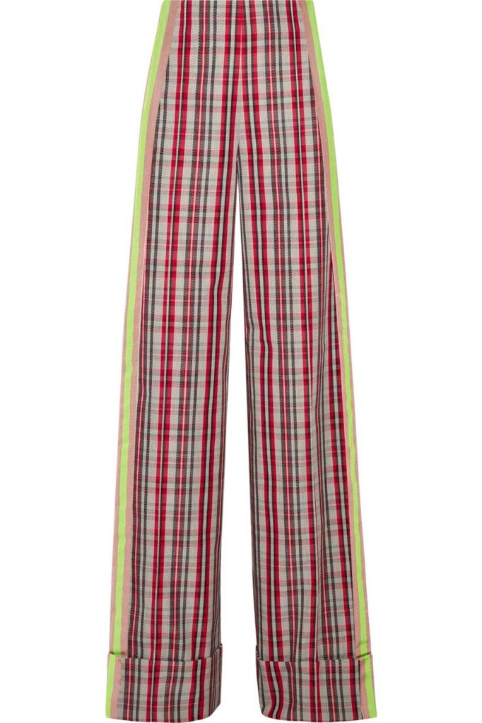 Diane Von Furstenberg Grosgrain-Trimmed Checked Canvas Wide-Leg Pants