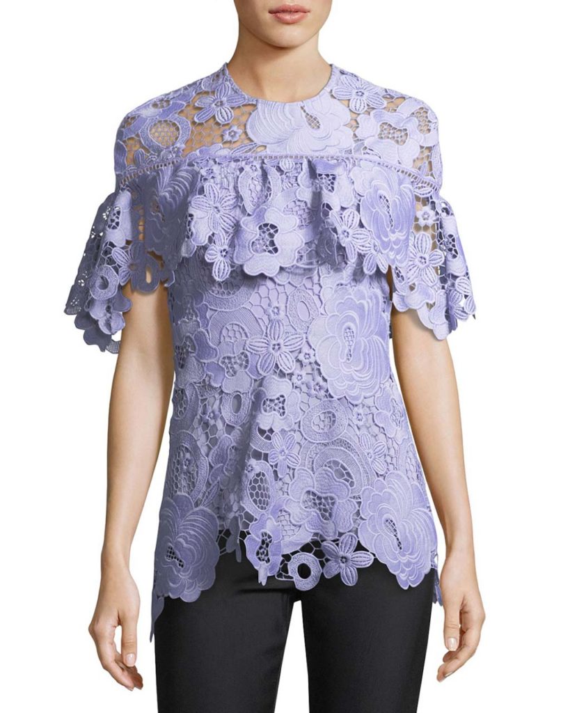 Lela Rose Flounced Short-Sleeve Lace Top