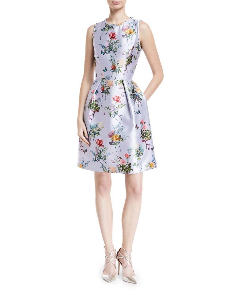 Monique Lhuillier Jewel-Neck Sleeveless Botanical-Print Fit-and-Flare Structured Dress