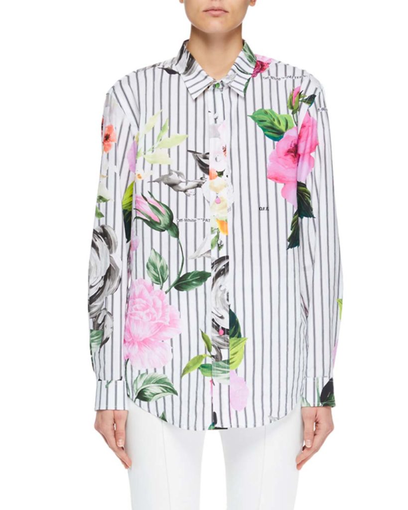 Off-White Striped Floral Button-Down Blouse