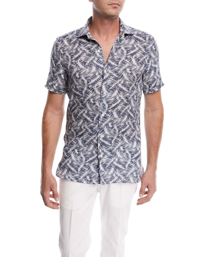 Ermenegildo Zegna Palm Leaf Linen Short-Sleeve Sport Shirt