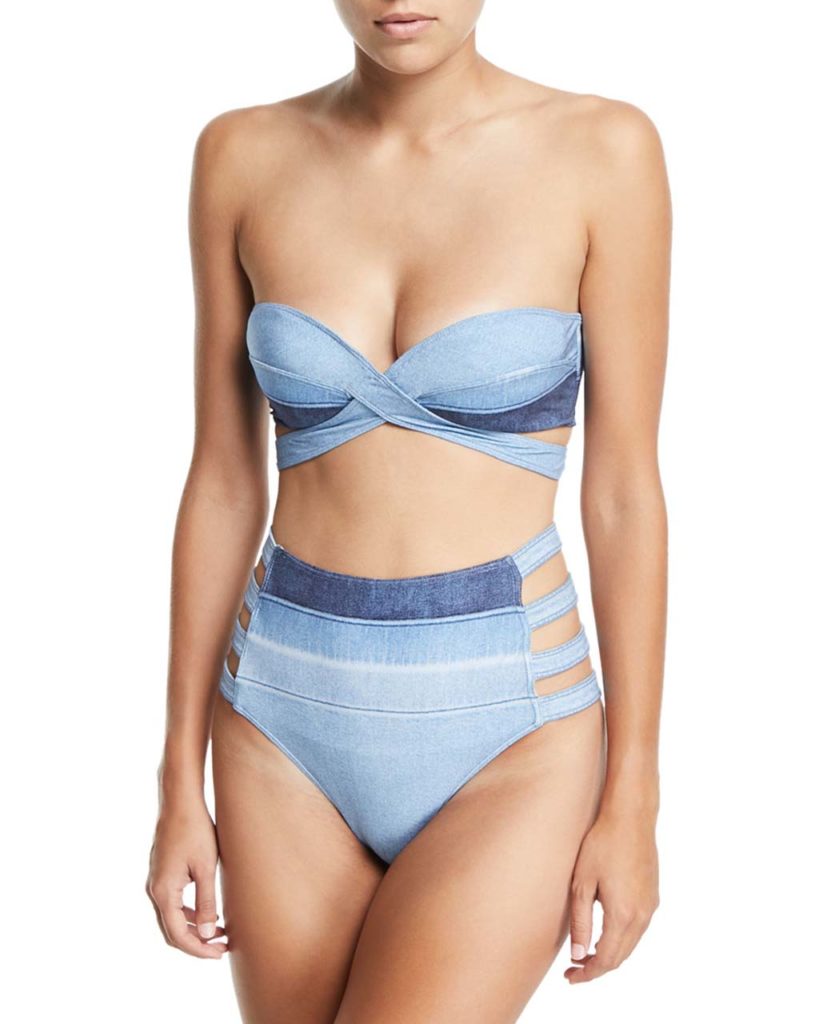 Jonathan Simkhai Denim Crisscross Bandeau Swim Top & Two-Tone Denim High-Waist Strappy-Side Swim Bottoms