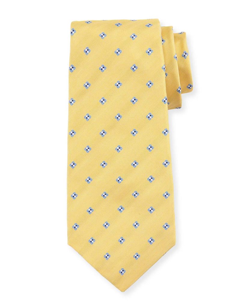 Kiton Diamond-Print Silk Tie, Yellow