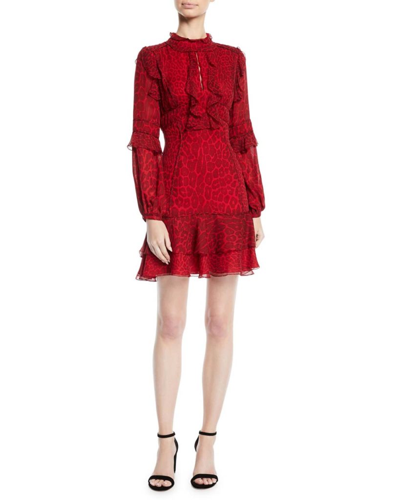 J. Mendel Long-Sleeve Ruffled Leopard-Print Silk Chiffon Cocktail Dress