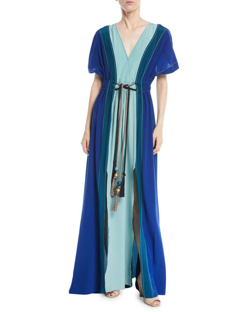 Peter Pilotto V-Neck Short-Sleeve Colorblocked Silk Maxi Dress