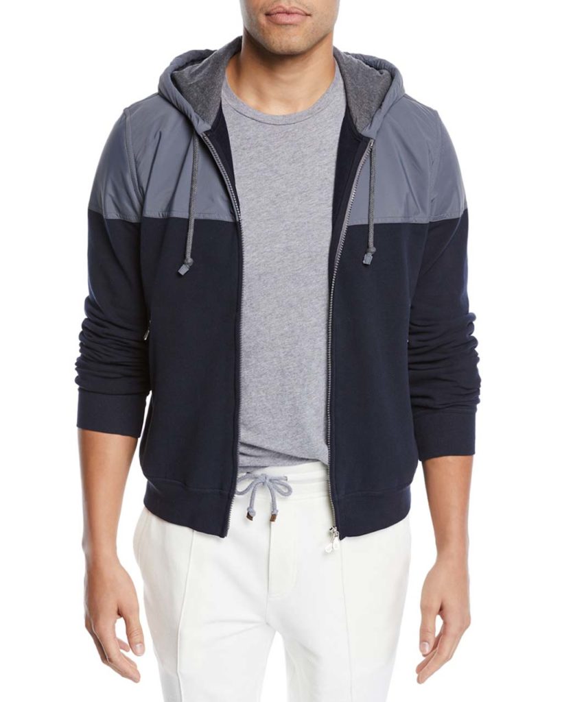 Brunello Cucinelli Men's Spa Colorblock Cotton-Stretch Hoodie Sweatshirt