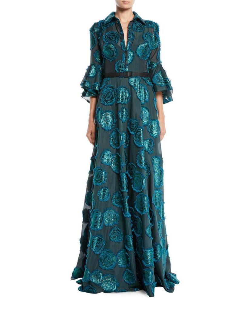 badgley-mischka-GREEN-Floral-Fil-coupe-Shirtwaist-Gown-W-Belted-Waist