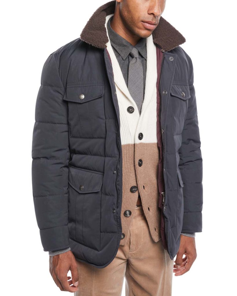 Brunello Cucinelli Men's Padded Technical Puffer Jacket with Shearling Trim