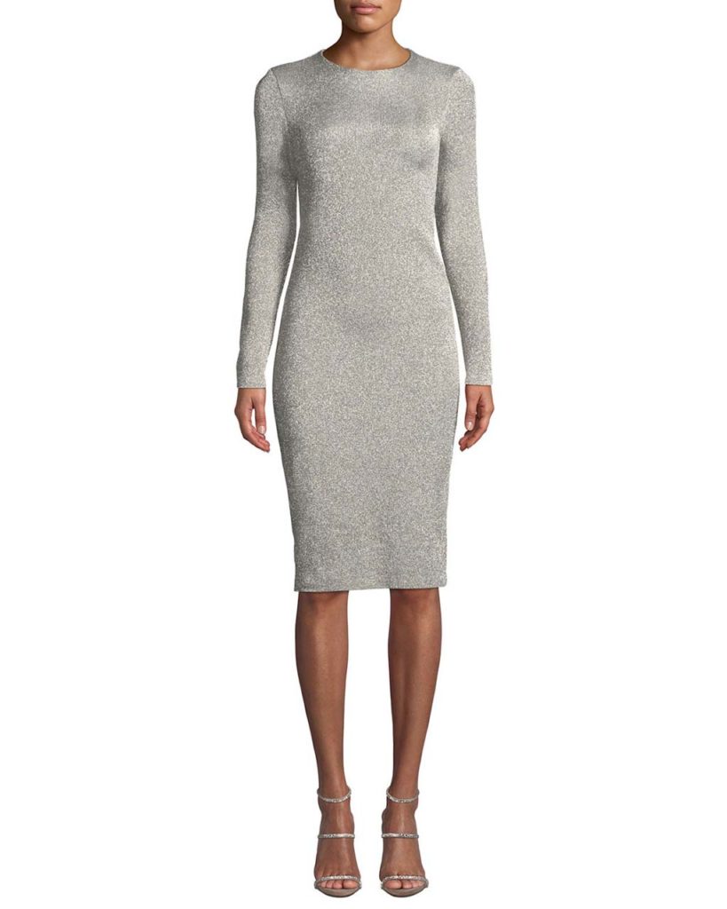 Crewneck Long-Sleeve Metallic-Jersey Body-con Midi Dress