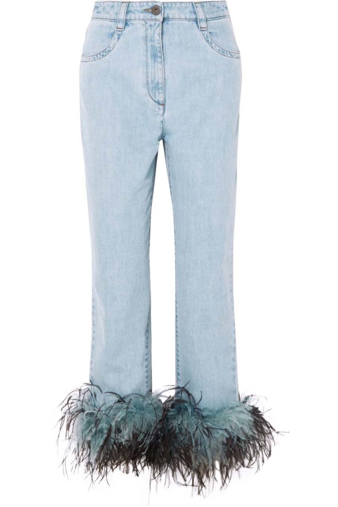 Prada Feather-Trimmed Boyfriend Jeans