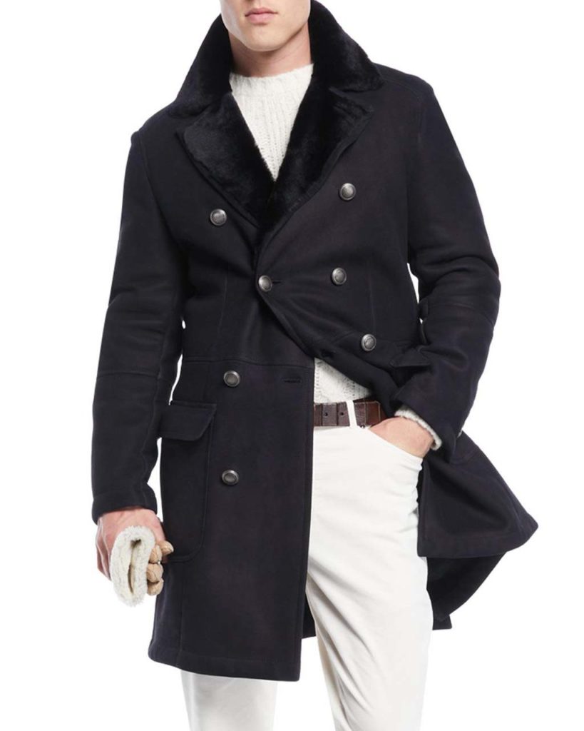 Brunello Cucinelli Mens Fur Lined Double Breasted Overcoat