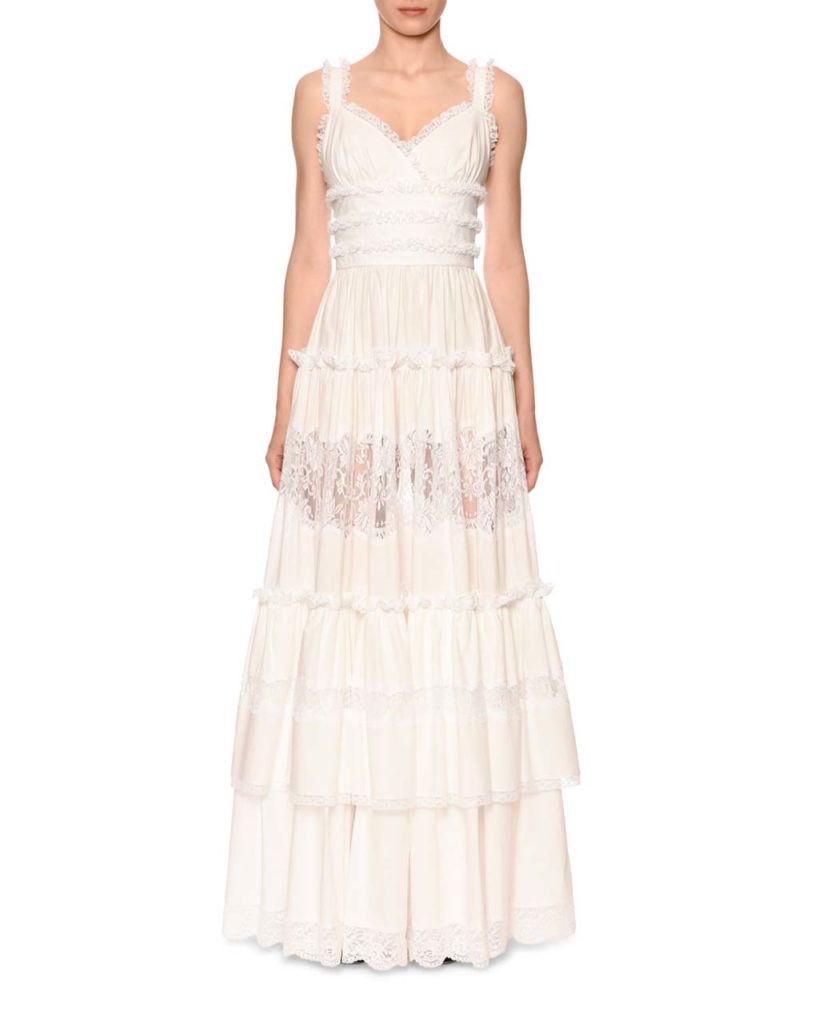 Dolce & Gabbana Sleeveless Tiered Lace-Trim V-Neck Gown