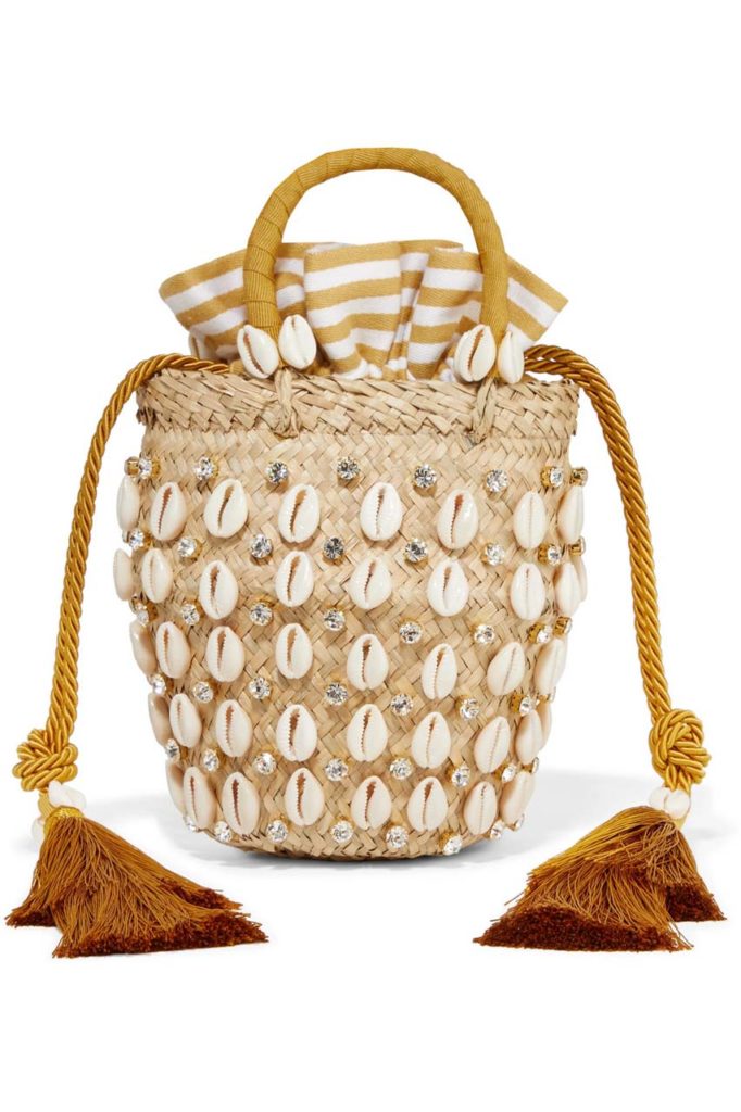 Aquazzura Le Nine Riviera Mini Tassled Embellished Raffia and Canvas Tote