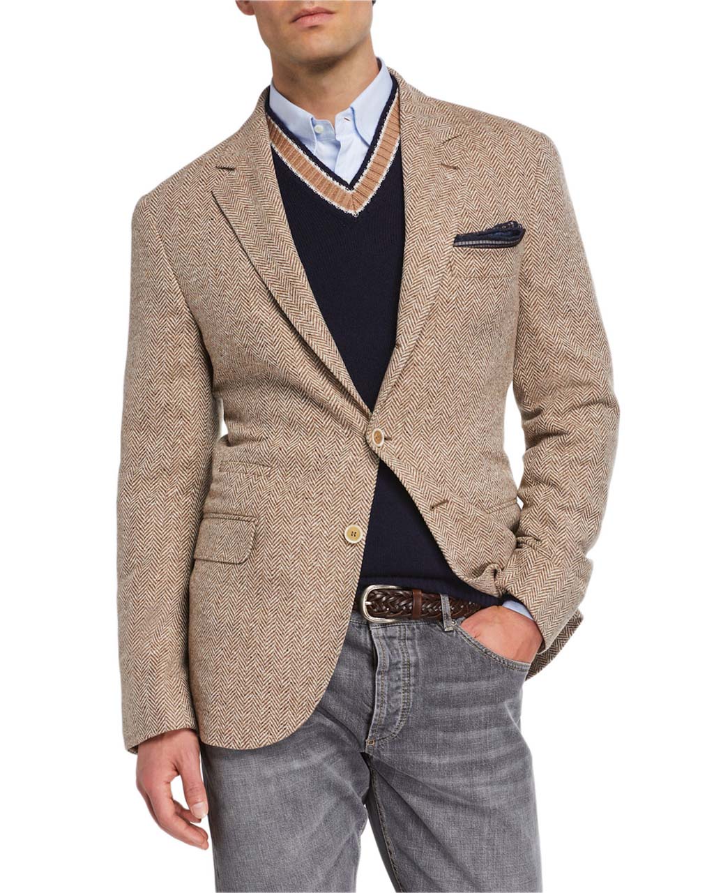 Brunello Cucinelli Men's Notch-Lapel Three-Button Herringbone Jacket 2