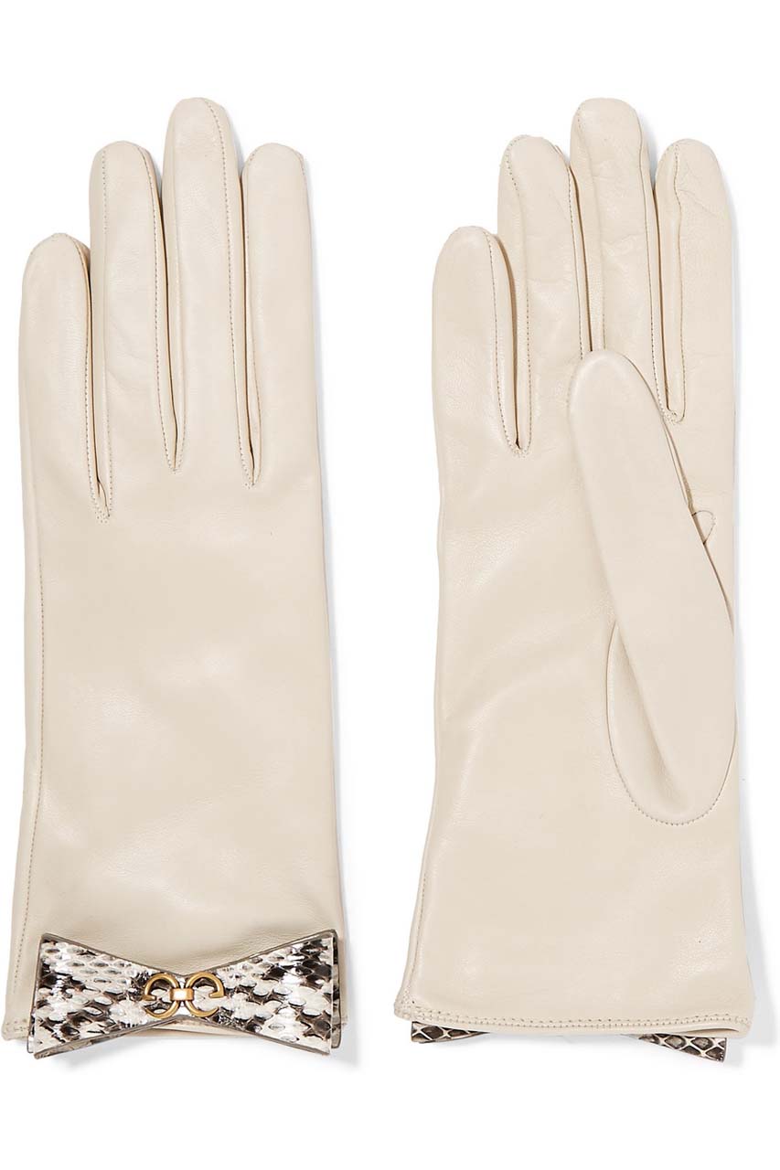 Gucci Bow-embellished elaphe-trimmed leather gloves$980