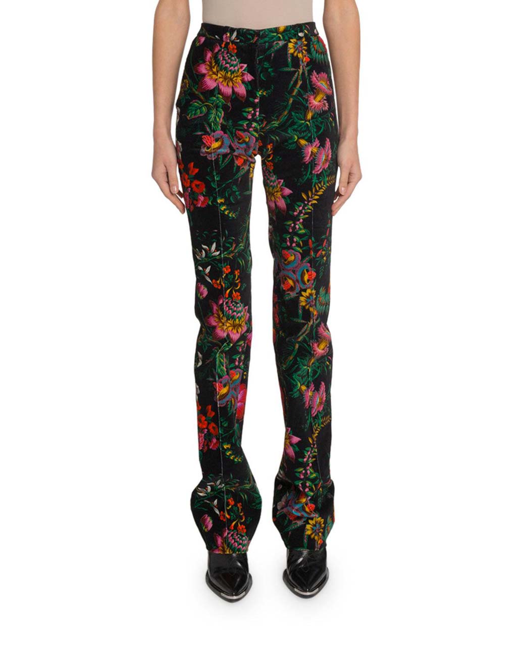 Paco Rabanne High-Rise Velvet Floral Skinny-Leg Pants