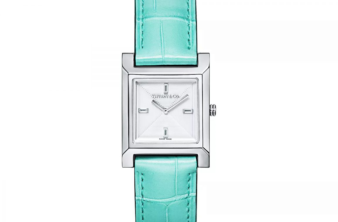 Tiffany 1837 Makers 22 mm square watch in stainless steel with a leather  strap.